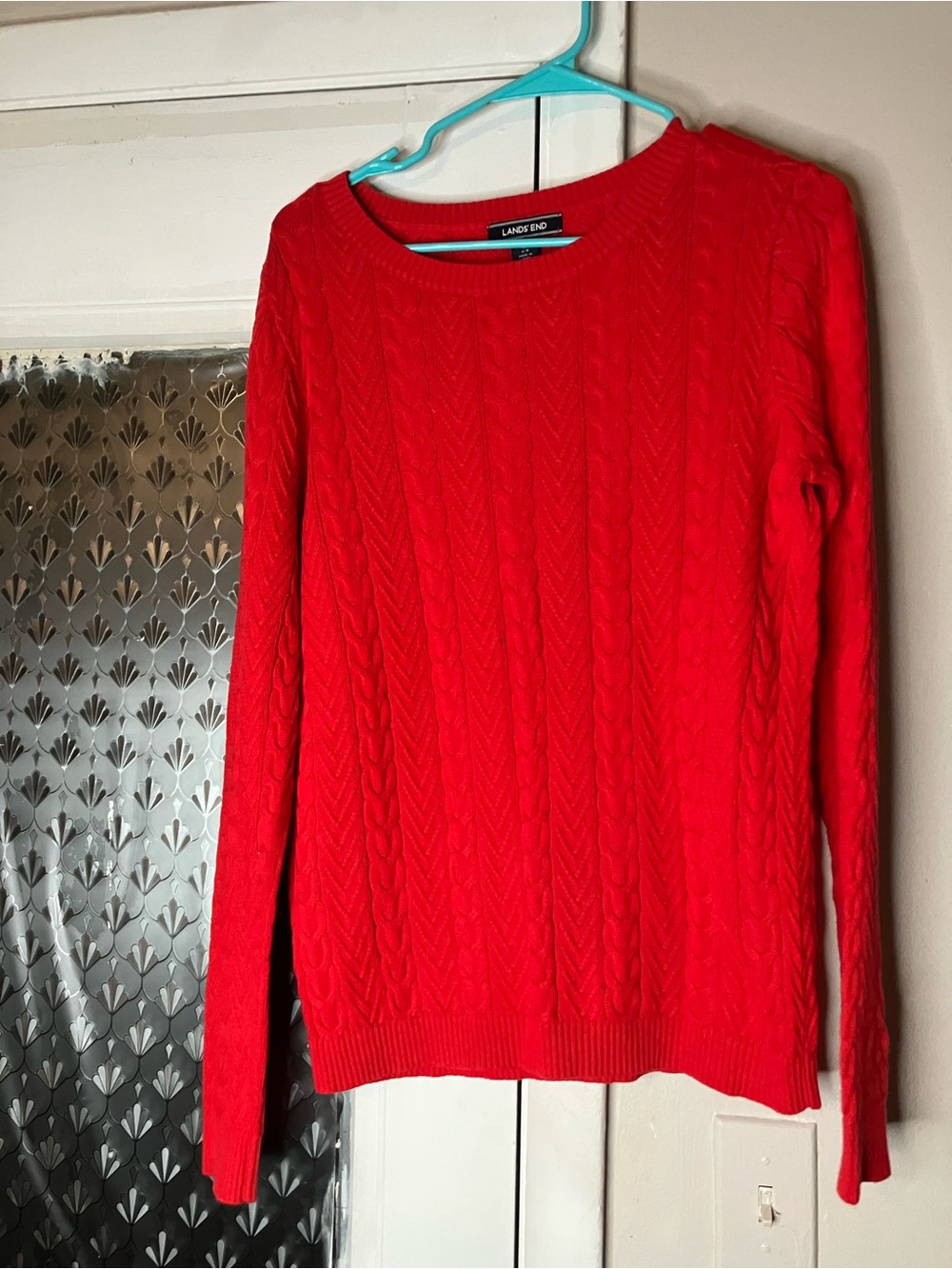 Lands' End Women's Red Cable V-Neck Sweater